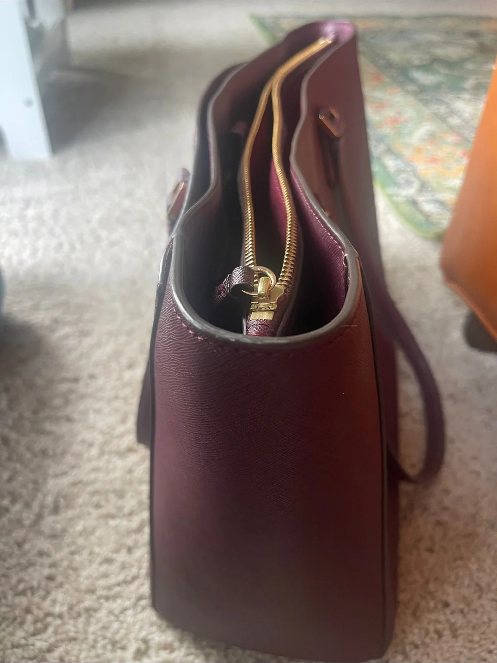 Tory Burch Wine Saffiano Leather Tote with Gold Logo